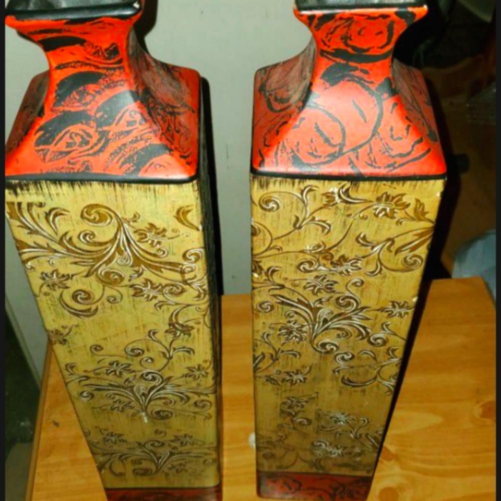 1 Orange, Green & Black Metal Vases